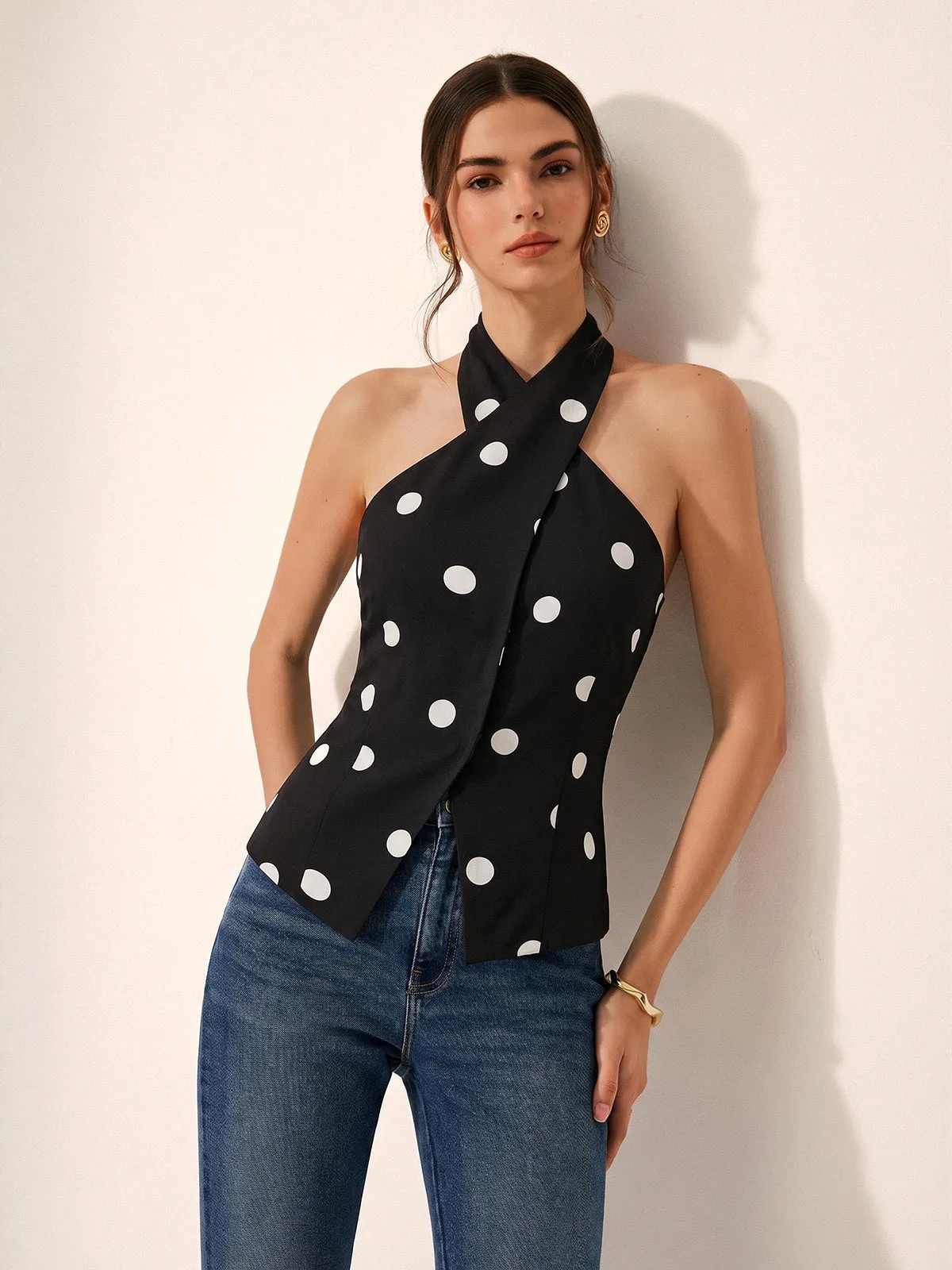 Polka Dot Crisscross Halter Tank Top sold by COMMENSE