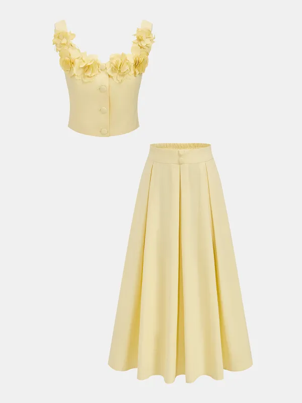 3D Floral Crop Top & Pleated Midi Skirt Set made by COMMENSE