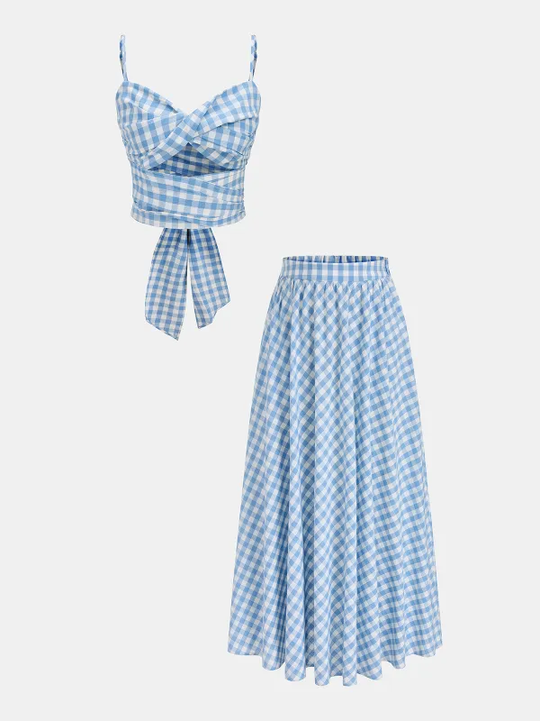 Gingham Wrap Tie Cami Top & Midi Skirt Set made by COMMENSE