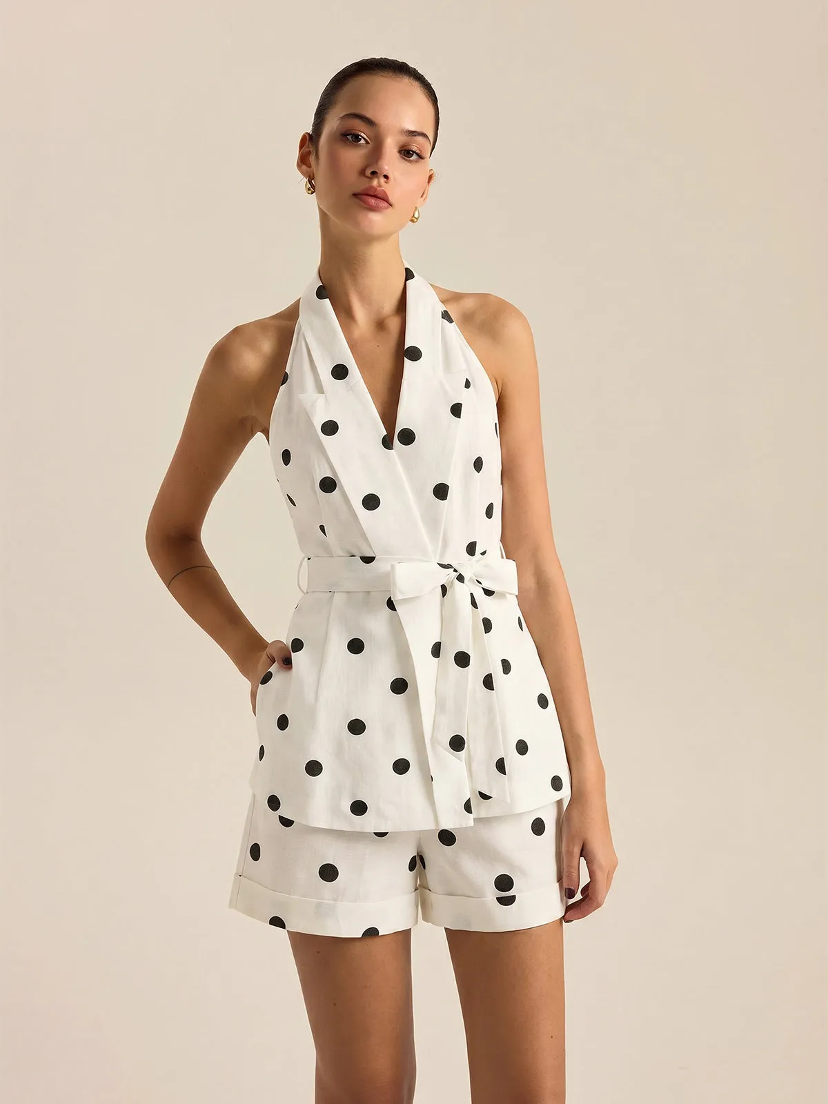 Polka Dot Belted Top & Shorts Set sold by COMMENSE
