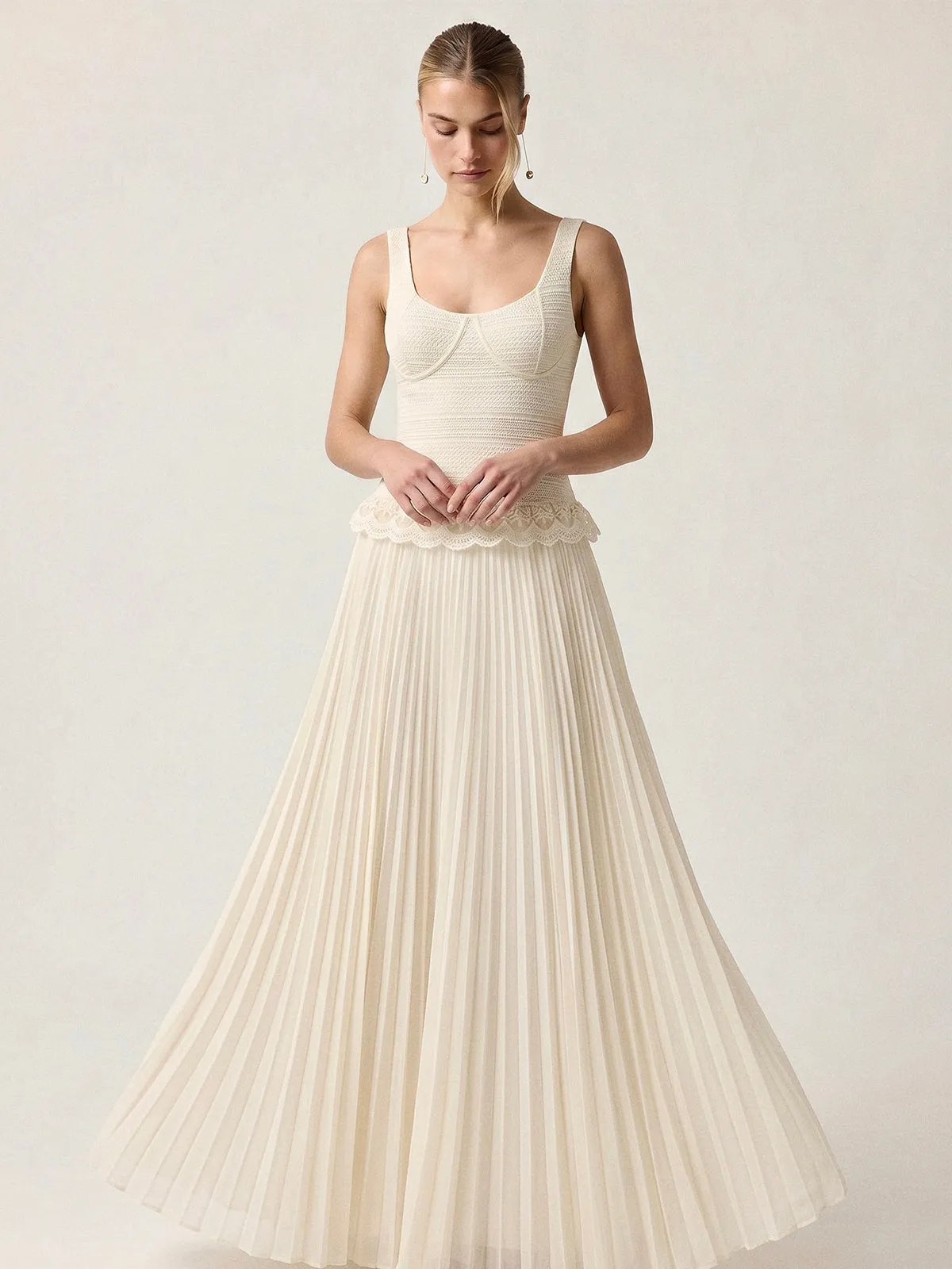 Lace Trim Textured Bodice Pleated Dress sold by COMMENSE