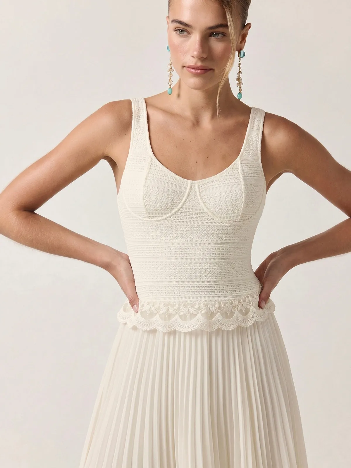 Lace Trim Textured Bodice Pleated Dress sold by COMMENSE product image thumbnail 2