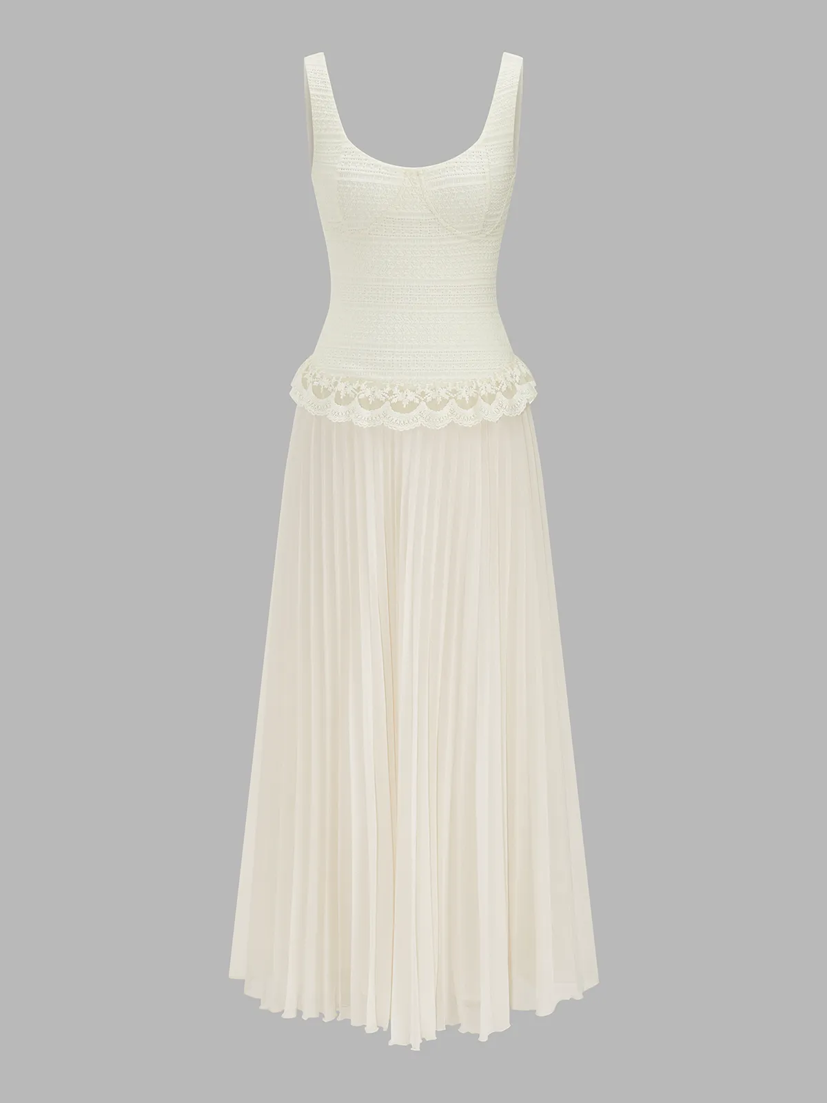 Lace Trim Textured Bodice Pleated Dress sold by COMMENSE product image thumbnail 3