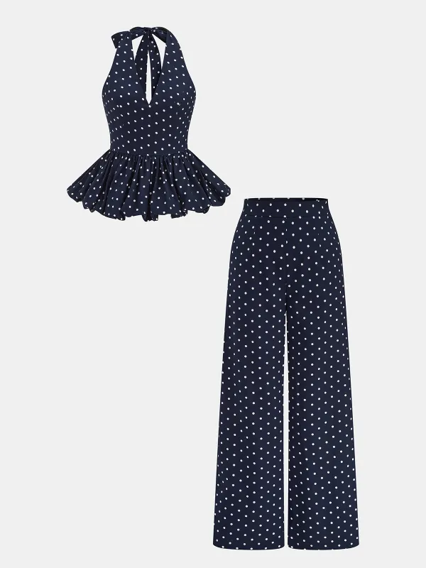 Linen Blend Polka Dot Peplum Top & Pants Set made by COMMENSE