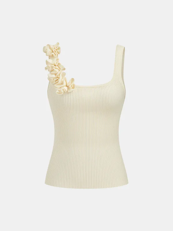 Ruffled Strap Ribbed Knit Tank Top made by COMMENSE