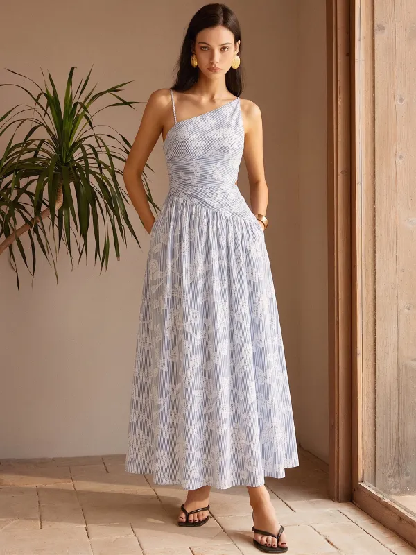 Asymmetric Striped Floral Embroidery Maxi Dress made by COMMENSE