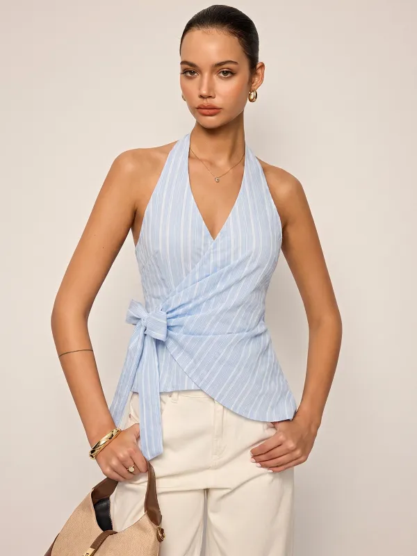 Striped Wrap Halter Tie-Waist Top made by COMMENSE