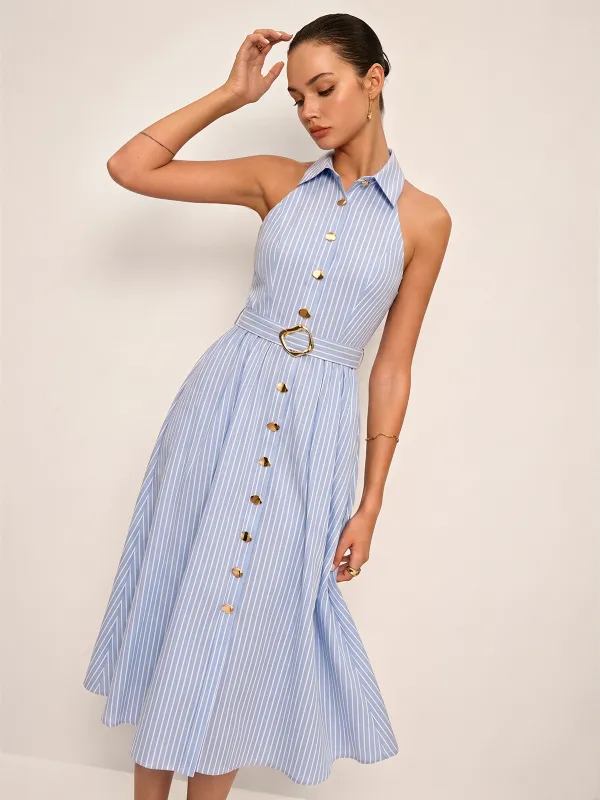 Belted Striped Sleeveless Shirt Dress made by COMMENSE