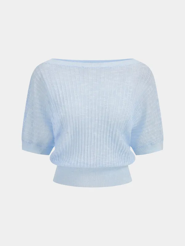 Semi-Sheer Boat Neck Ribbed Knit Top made by COMMENSE