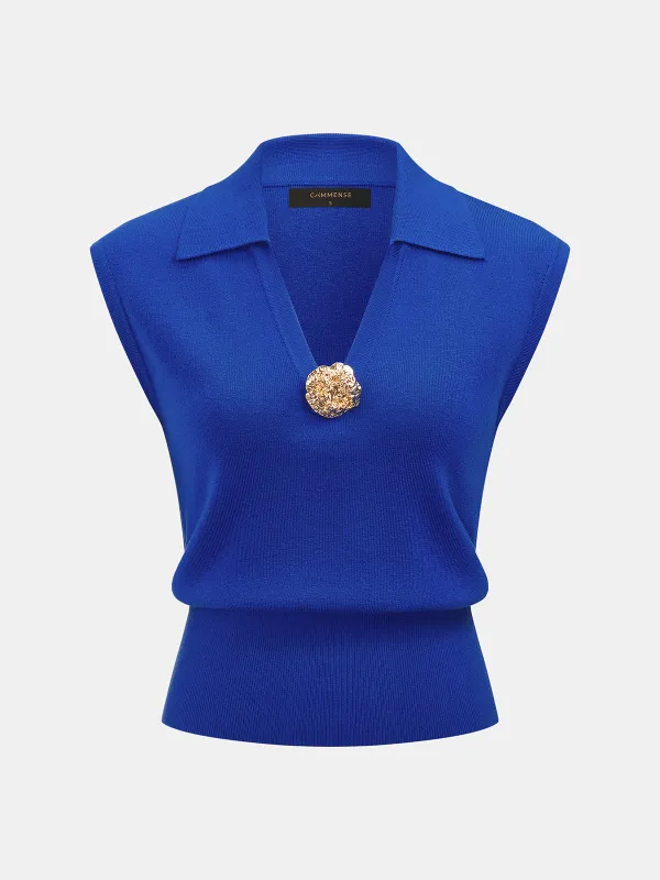 Wool Blend Collared Decorative Knit Vest made by COMMENSE