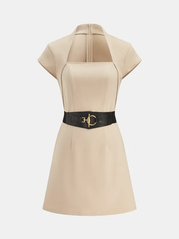 Square Neck Short Sleeve Belted Mini Dress made by COMMENSE