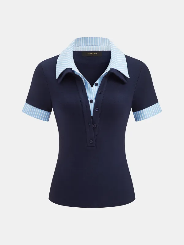Striped Collar Short Sleeve Knit Top made by COMMENSE