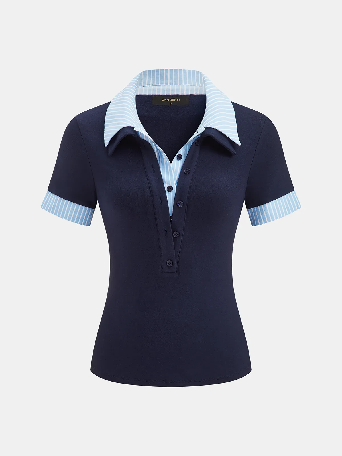 Striped Collar Short Sleeve Knit Top sold by COMMENSE