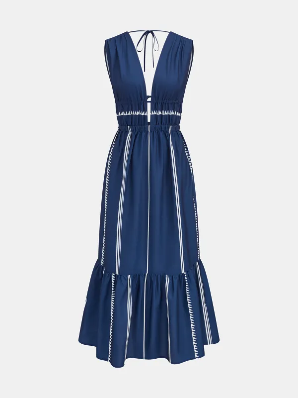 Striped Deep V Neck Ruffle Midi Dress made by COMMENSE
