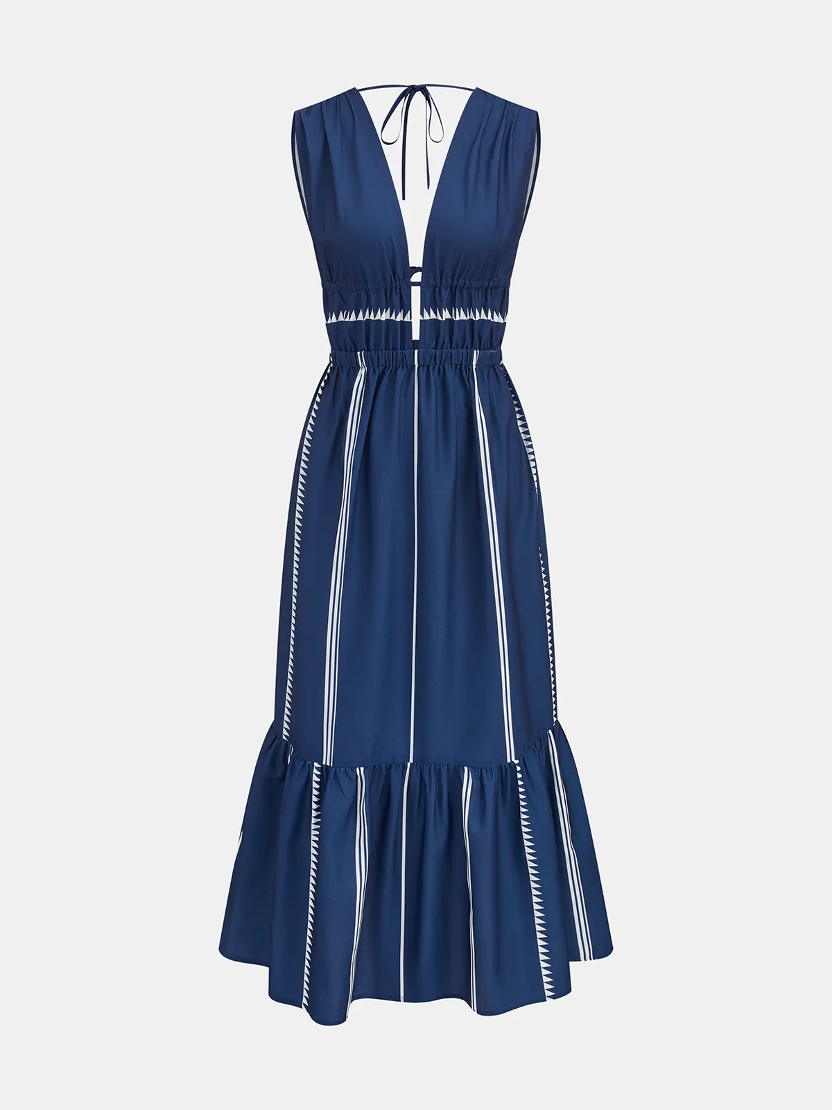 Striped Deep V Neck Ruffle Midi Dress sold by COMMENSE