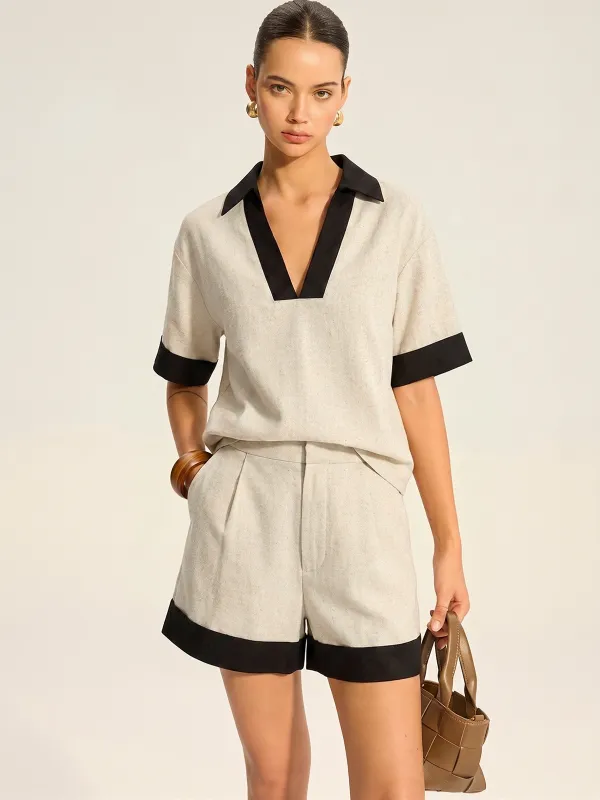 Contrast Trim Cotton Linen Top & Shorts Set made by COMMENSE