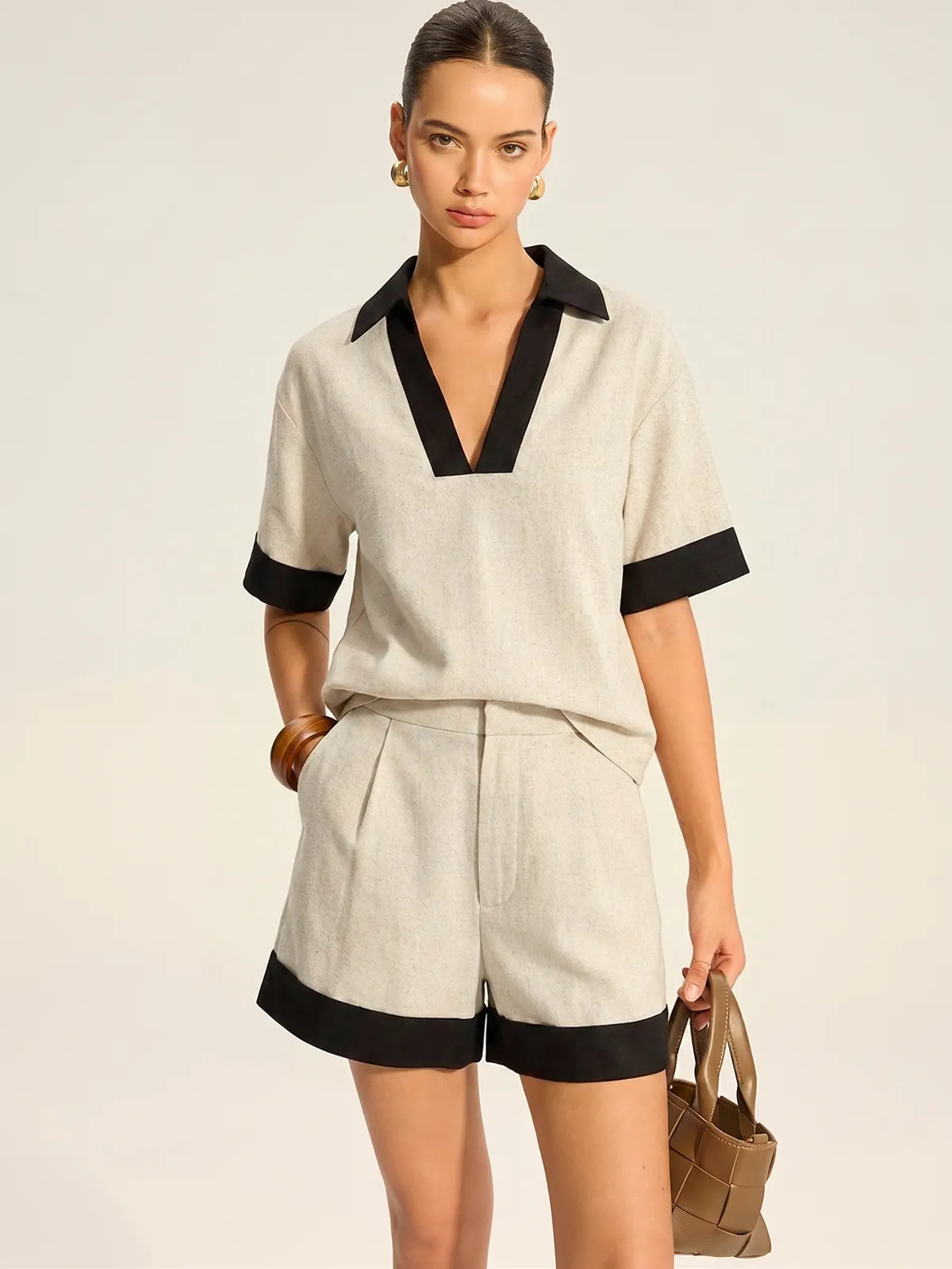 Contrast Trim Cotton Linen Top & Shorts Set sold by COMMENSE