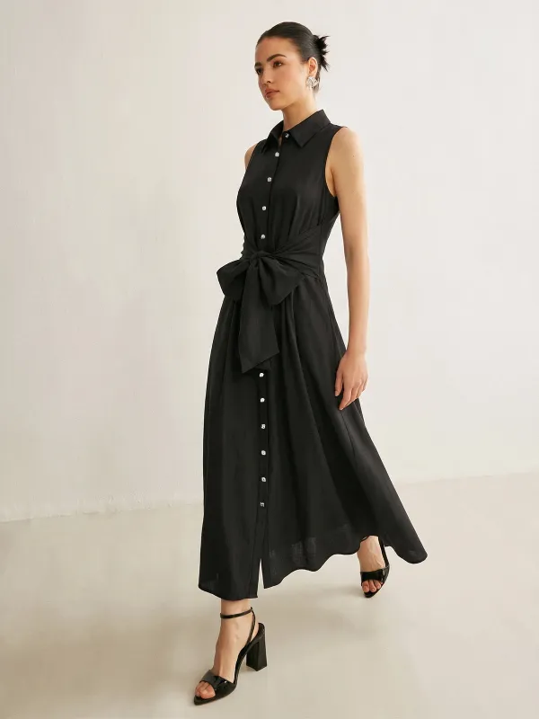 Sleeveless Tie-Waist Shirt Dress made by COMMENSE