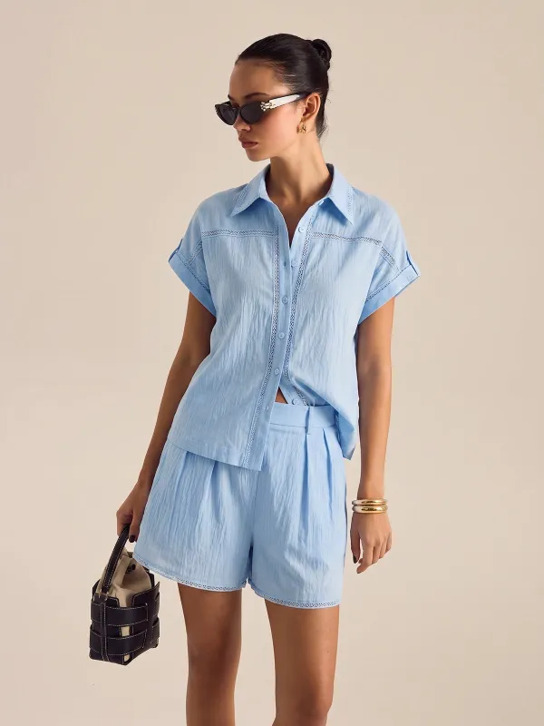 Cotton Hollow Trim Shirt & Pleated Shorts made by COMMENSE