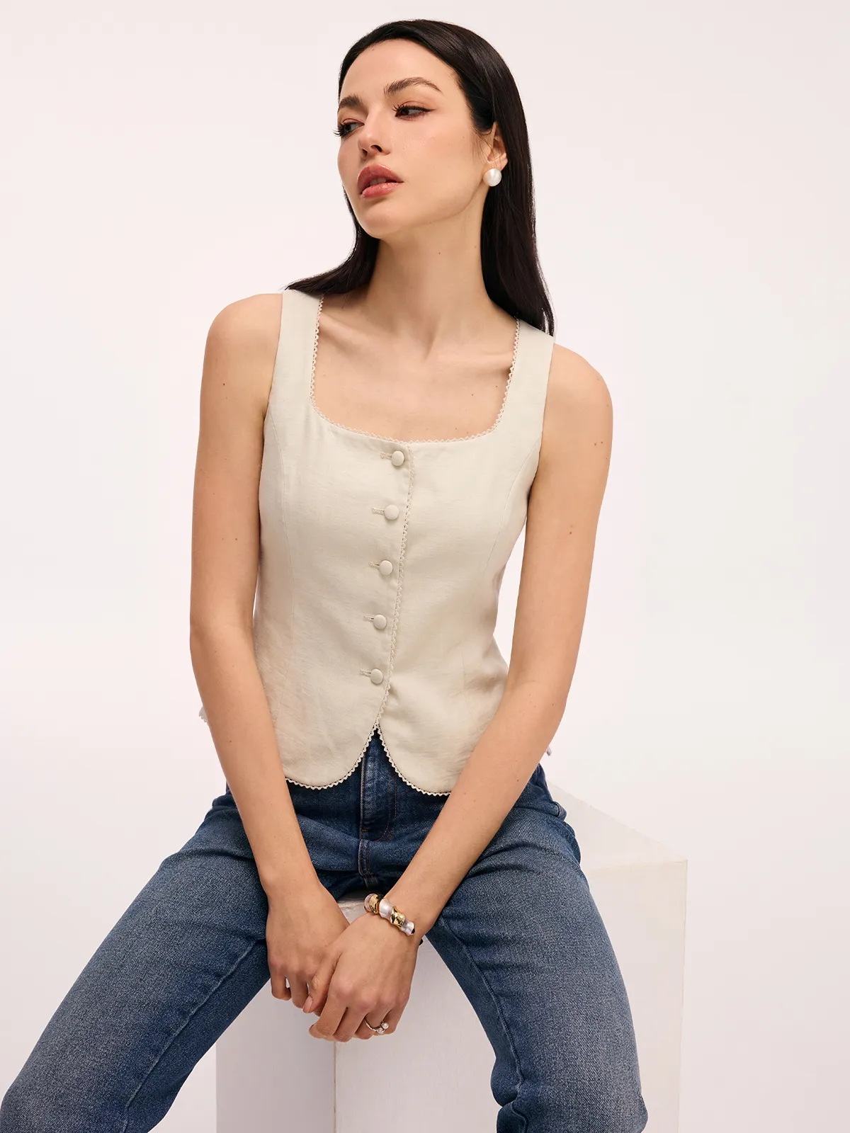 Linen Blend Square Neck Scallop Trim Vest sold by COMMENSE