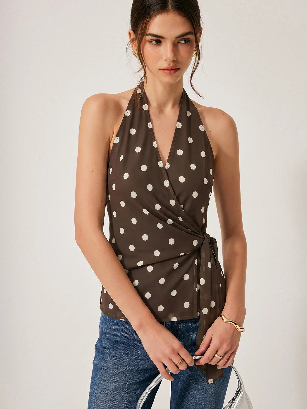 Polka Dot Tie Waist Halter Top sold by COMMENSE