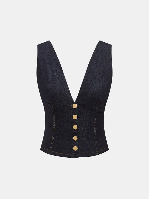 Metal Button Denim Deep V-Neck Tank Top made by COMMENSE