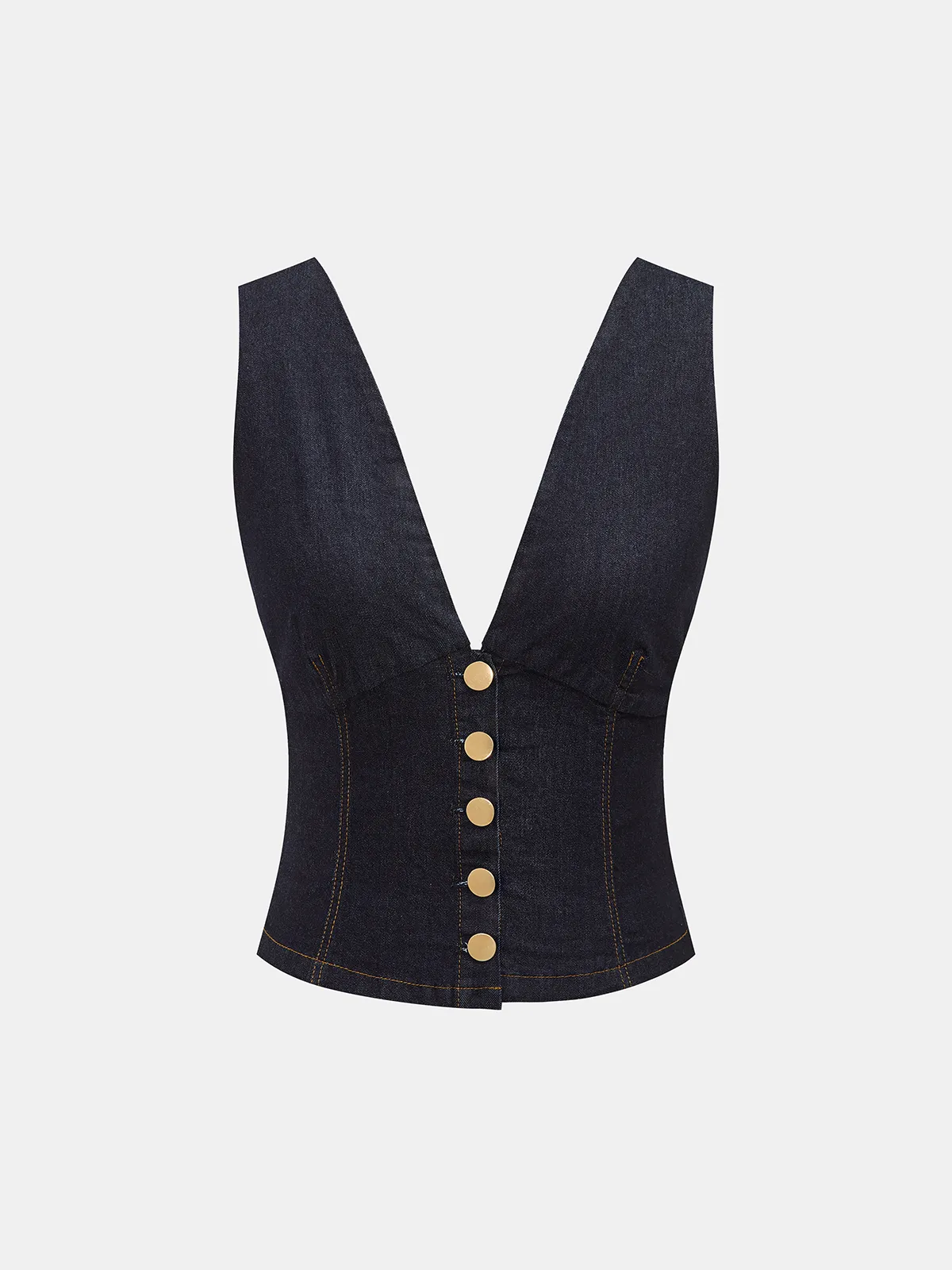 Metal Button Denim Deep V-Neck Tank Top sold by COMMENSE