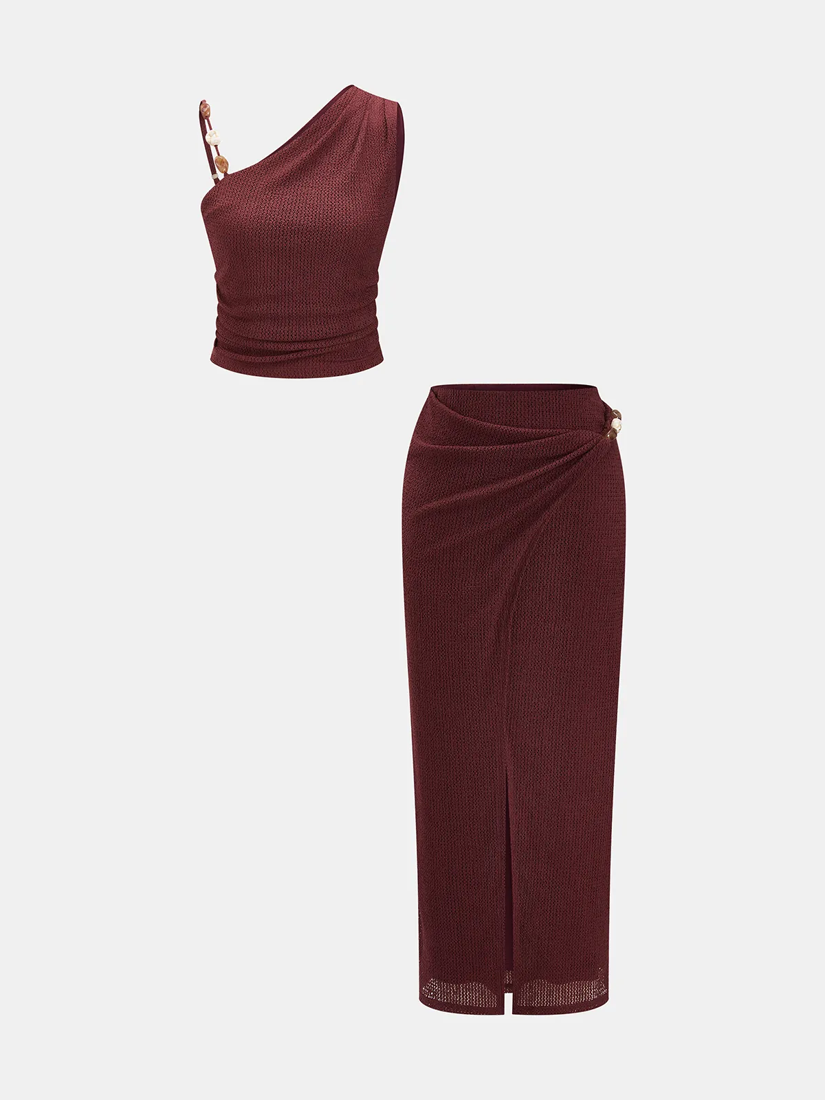 Textured One-Shoulder Top & Midi Skirt Set sold by COMMENSE