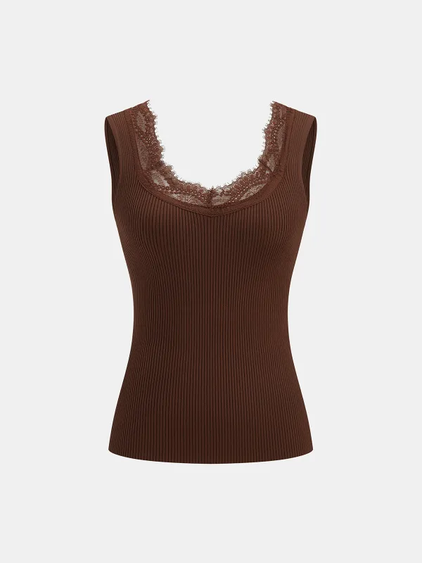Lace Trim Ribbed Knit Tank Top made by COMMENSE