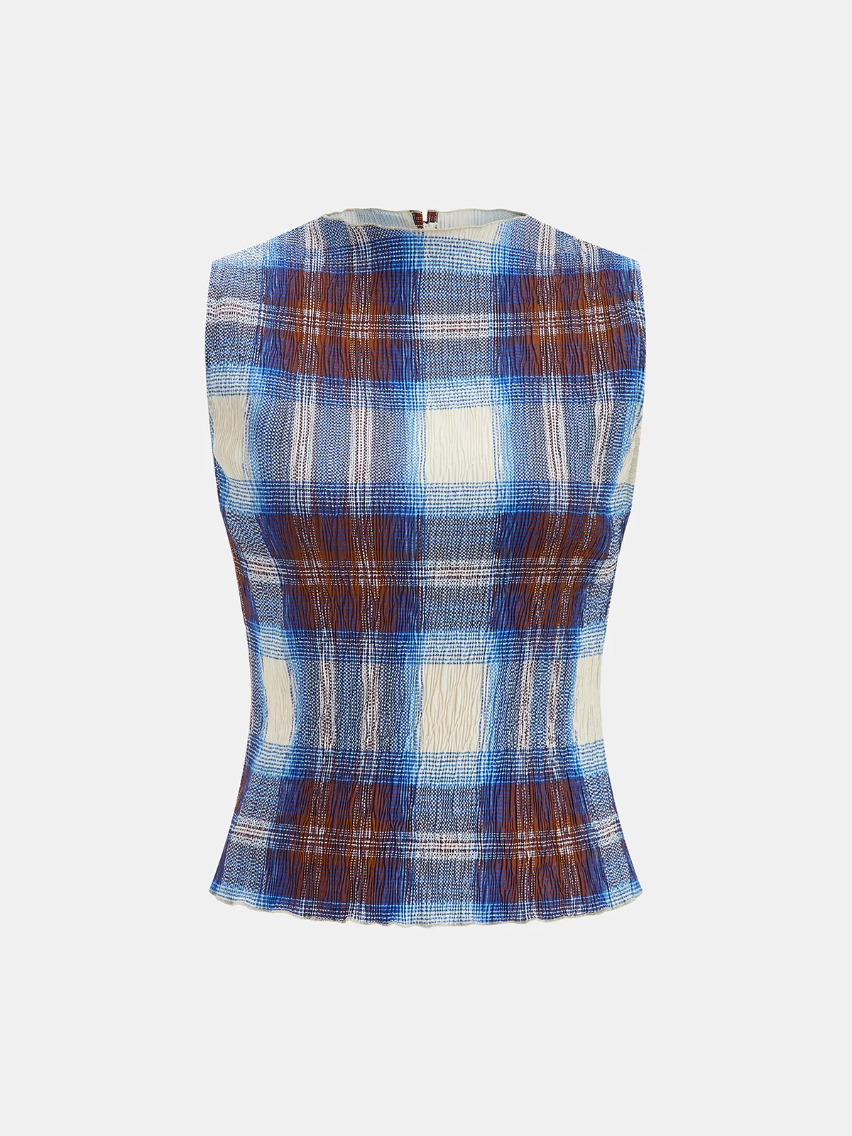 Plaid Crinkle Sleeveless Top sold by COMMENSE