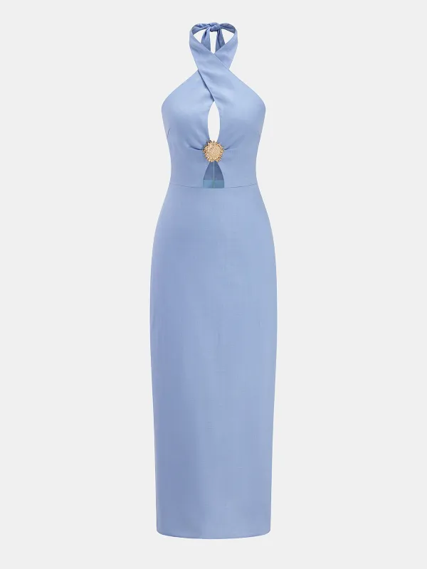 Halter Cutout Linen Blend Midi Dress made by COMMENSE