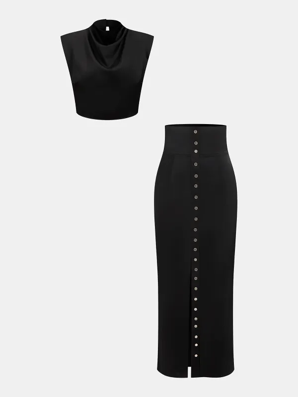 Satin Cowl-Neck Top & High-Waisted Skirt Set made by COMMENSE