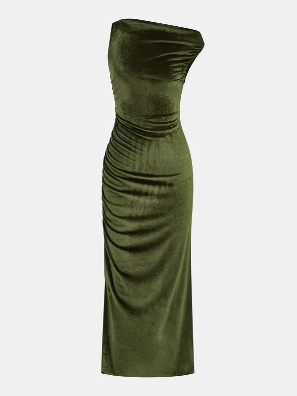 Velvet Sleeveless Ruched Slit Maxi Dress made by COMMENSE