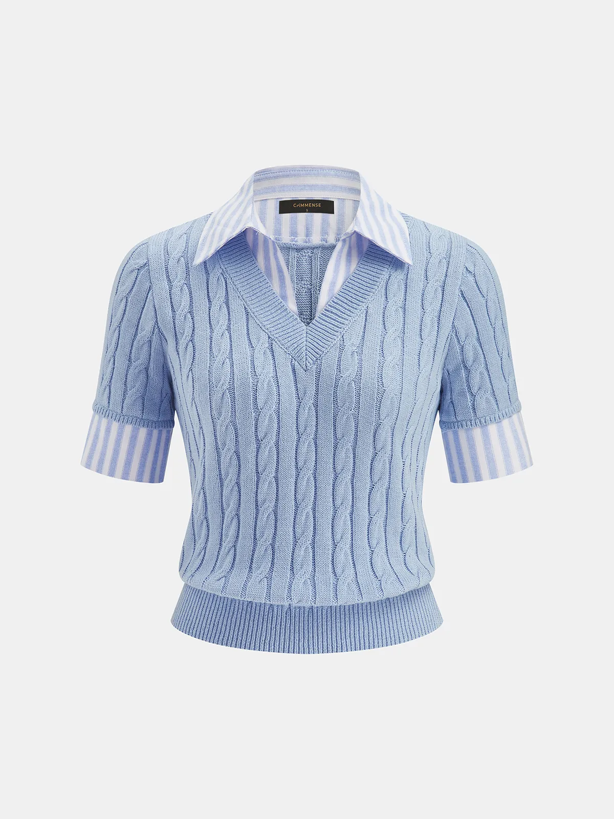 Cable Knit Striped Collar Short Sleeve Top sold by COMMENSE product image thumbnail 2