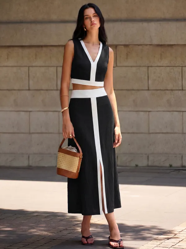 Contrast Trim Crop Top & Slit Midi Skirt Set made by COMMENSE