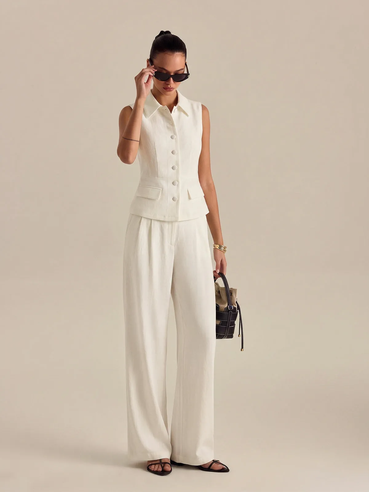Collared Cotton Linen Vest & Pants Set sold by COMMENSE