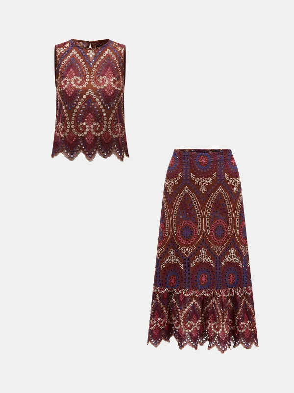 Eyelet Embroidered Top & Midi Skirt Set made by COMMENSE
