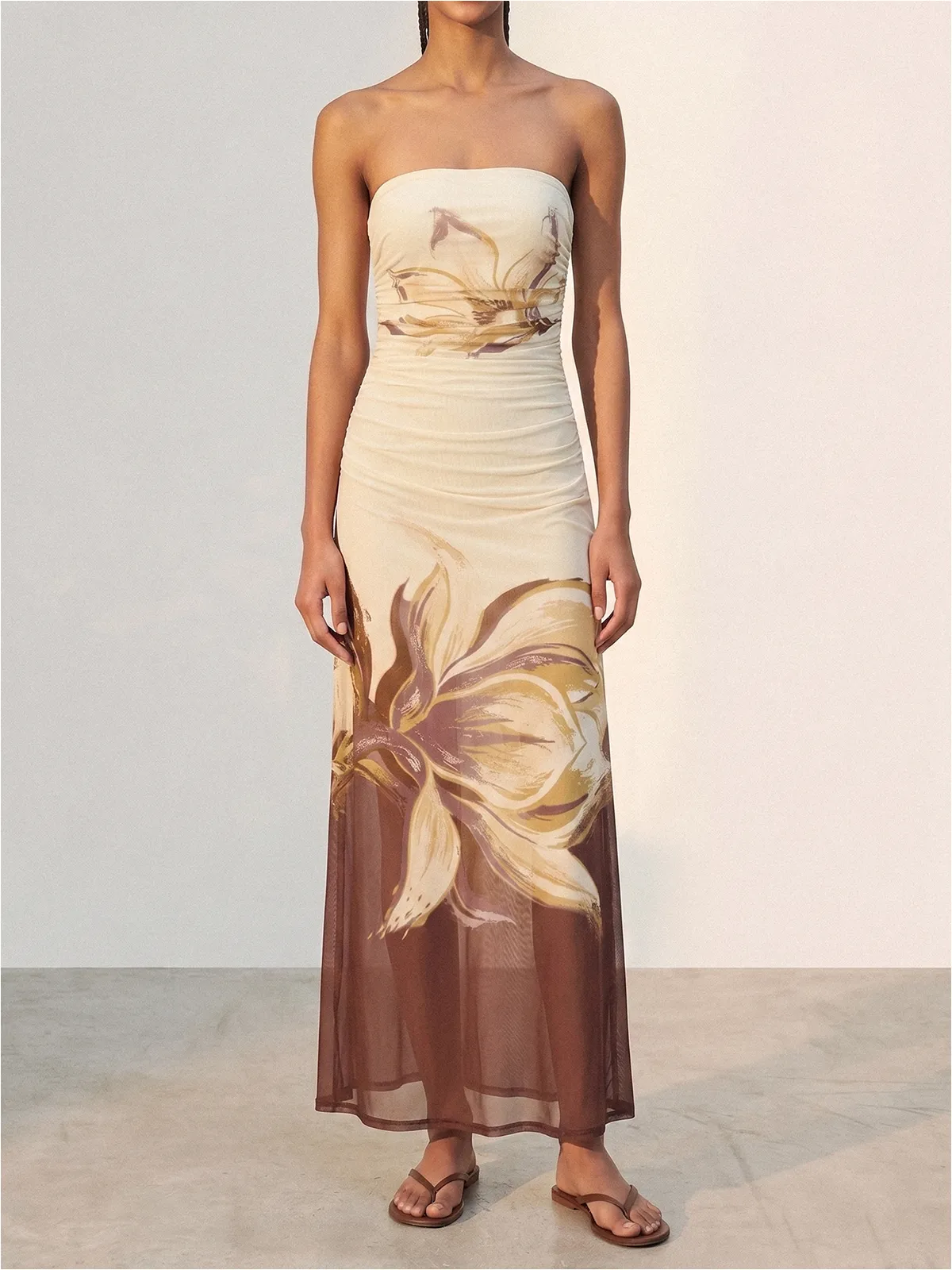 Strapless Floral Ruched Maxi Dress sold by COMMENSE