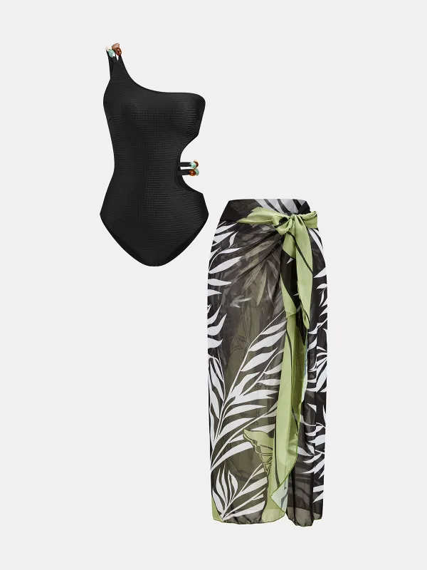 One-Shoulder Cutout Swimsuit & Sarong Set made by COMMENSE