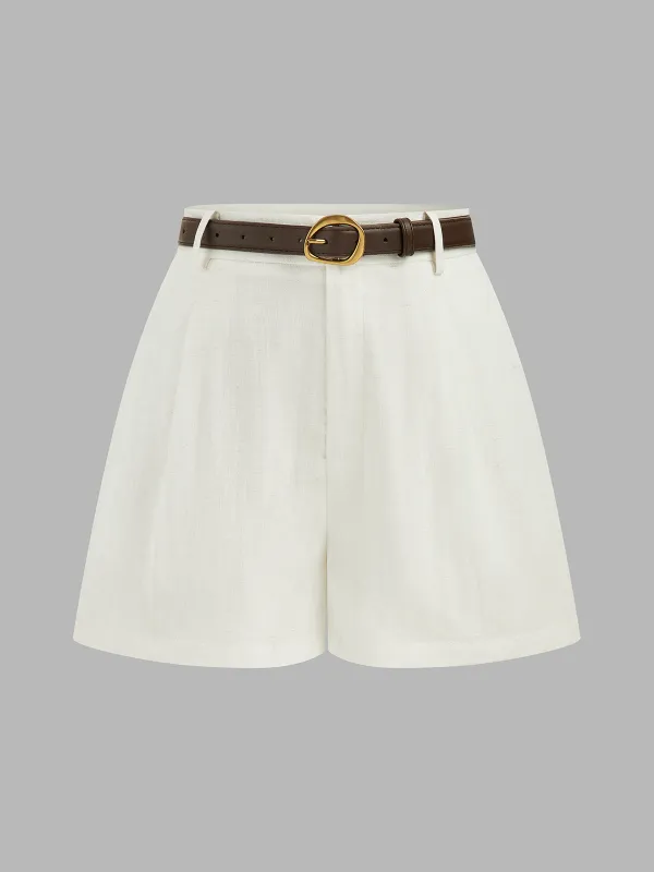 High Waist Belted Linen Blend Shorts made by COMMENSE