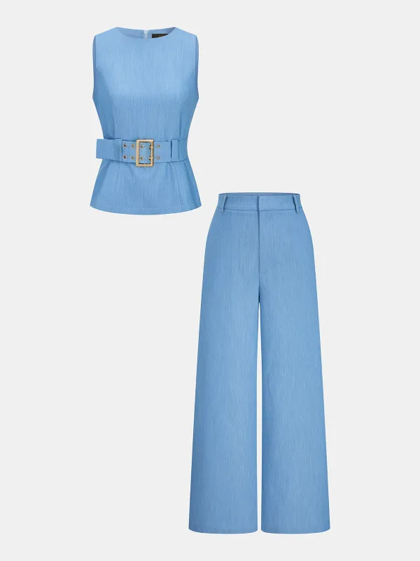 Belted Sleeveless Top & Wide Leg Pants Set made by COMMENSE