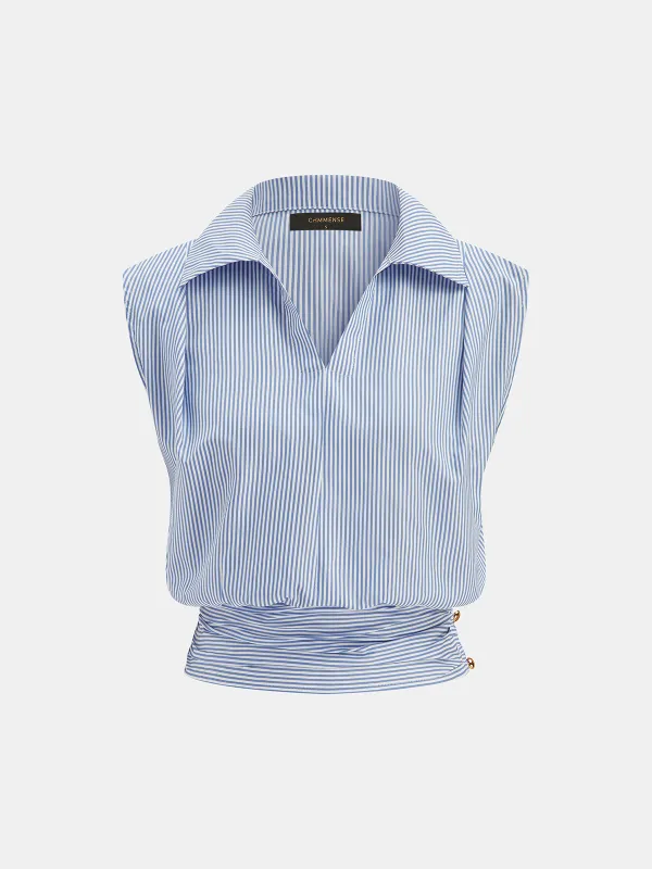 Striped Collared Sleeveless Cinched Blouse made by COMMENSE