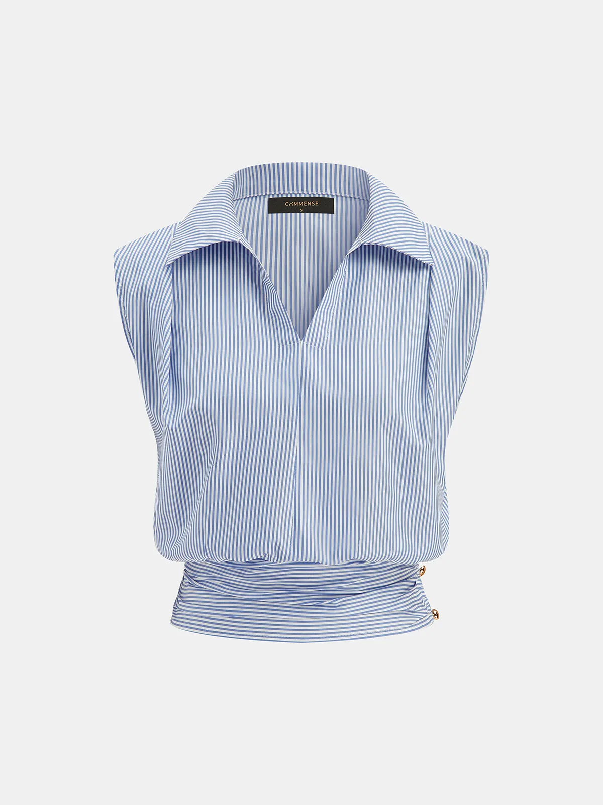 Striped Collared Sleeveless Cinched Blouse sold by COMMENSE