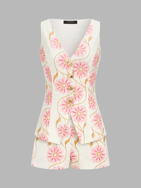 Floral Print Cotton Linen Vest & Shorts Set made by COMMENSE