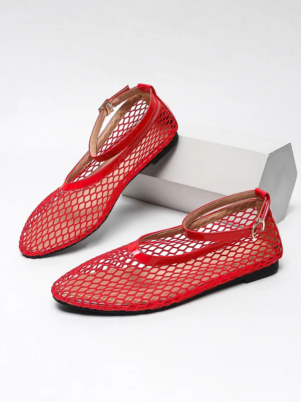Fishnet Mesh Ankle Strap Ballet Flats made by COMMENSE