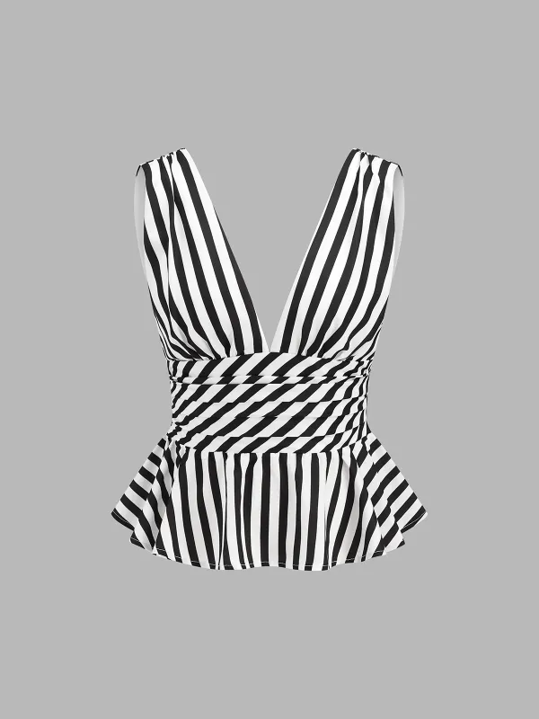 Striped Deep V Peplum Sleeveless Top made by COMMENSE