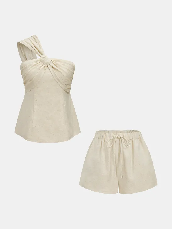 Cotton Linen One Shoulder Top & Shorts Set made by COMMENSE