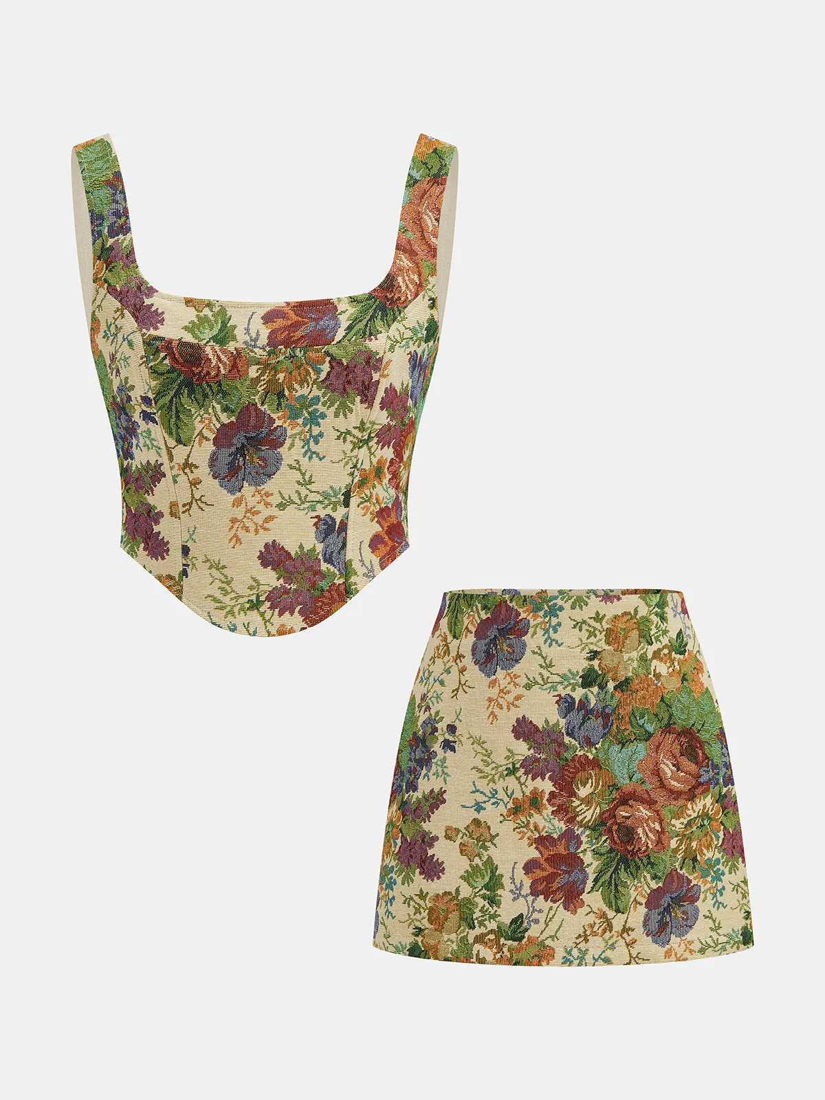 Floral Printed Corset & Mini Skirt Set sold by COMMENSE