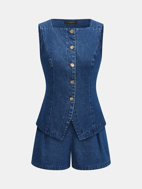 Metal Button Denim Vest & Shorts Set made by COMMENSE