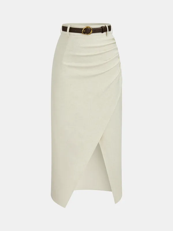 Belted Linen Blend Ruched Wrap Midi Skirt made by COMMENSE